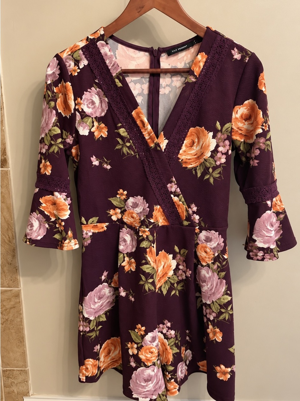 Blu Pepper Plum Floral Wrap Romper with Orange & Lavender Blooms